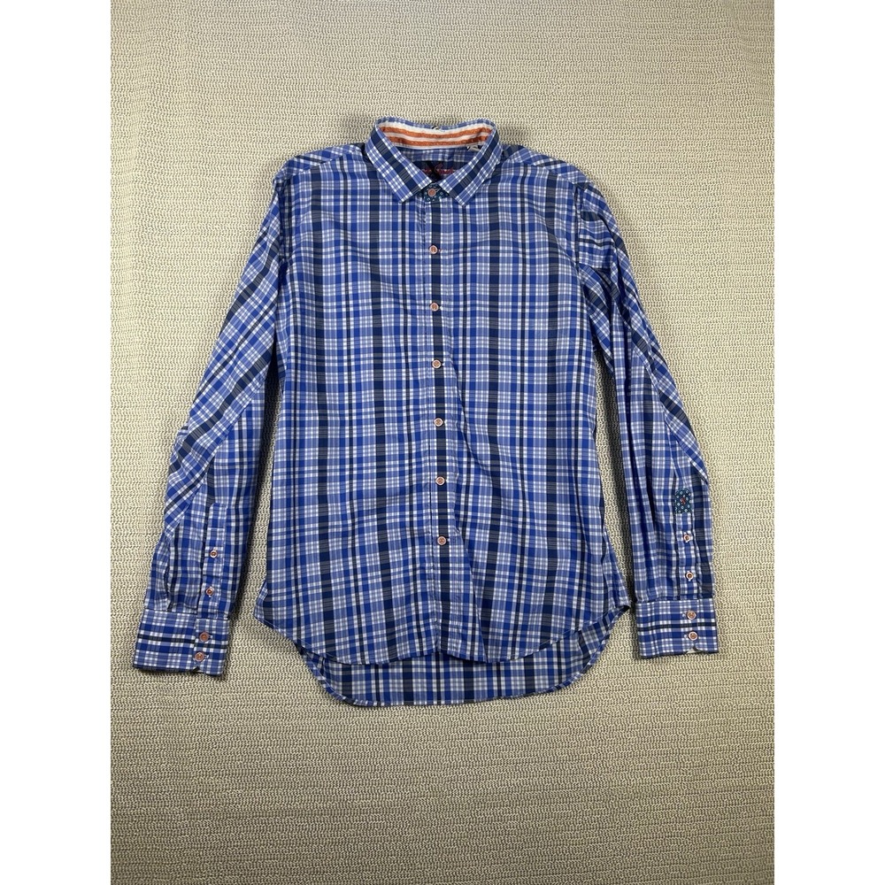 Designer Robert Graham X Collection Shirt  White Blue Check Striped Size Large